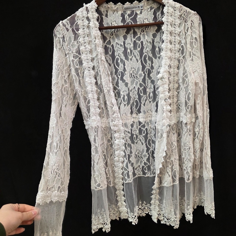 Passion Concept Womens Boho Lacey Open Kimono Top Size M Off White Festival